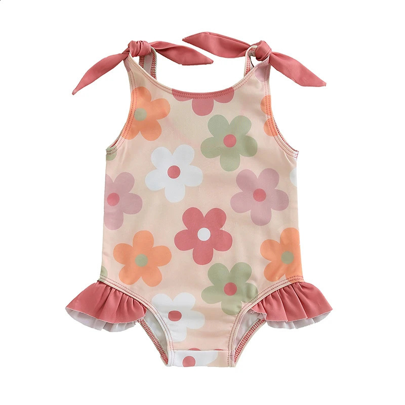 1-6T Toddler Girl Rash Guard Swimsuit Floral/Bowknot Print Sleeveless Tie Up Bathing Suit Beach Holiday Swimwear 250319