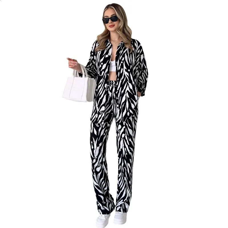 Womens 2piece Set Casual Daily Shirt Fashion Spring Summer Printed 2 Piece Outfit Wide Leg Pants Twopiece 250319