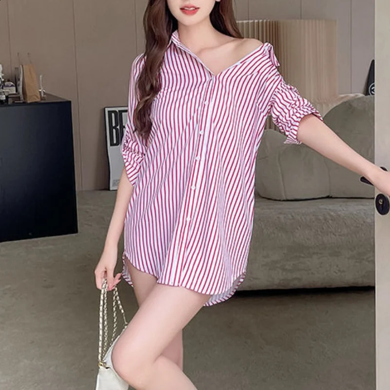 Plus size womens striped shirt and loose long sleeved top Korean fashion casual office ladies matching elegant 250319