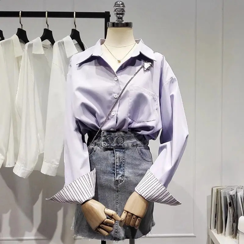 Casual fashionable elegant hem collar striped purple patchwork work long sleeved young womens loose shirt and top 250319