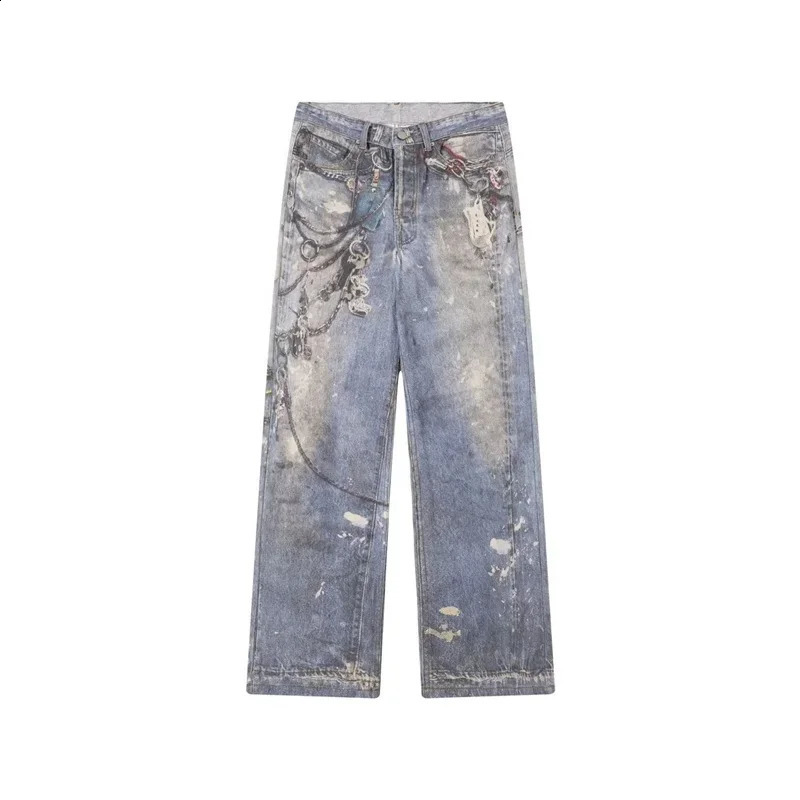 3D chain printed mens bag jeans casual straight denim pants high street wide legs Y2K blue 250319
