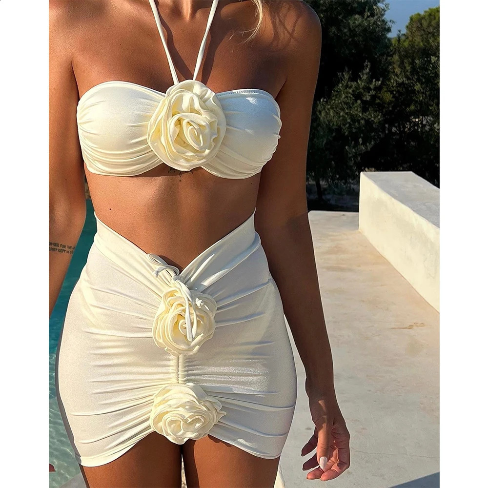 Solid Floral Lace 2024 Three Pieces Bikini Set Cover Up Swimwear Women Swimsuit Push Up Bathing Suit Beachwear Swimming Biquini 250317