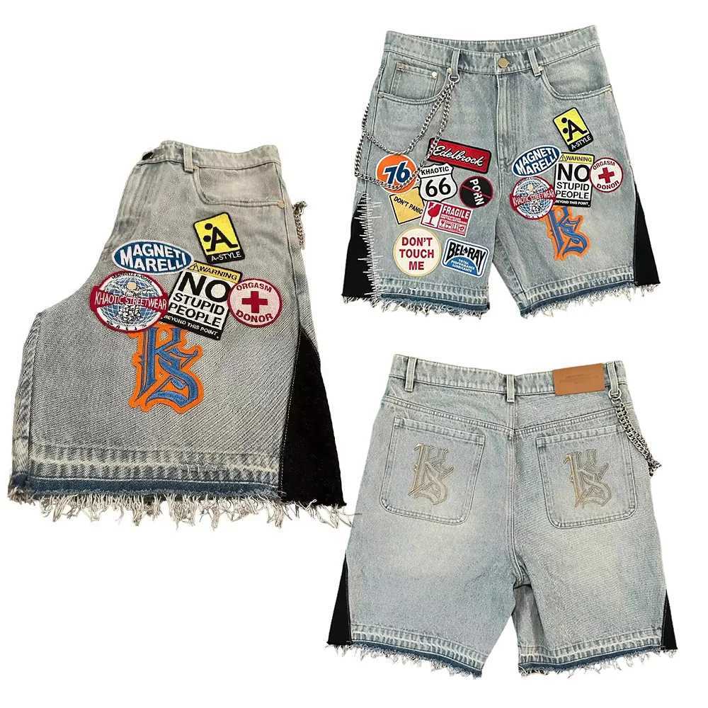 American retro denim shorts Y2K jeans mens Harajuku Gothic hip-hop cartoon decal embroidery retro blue pocket shorts W250319