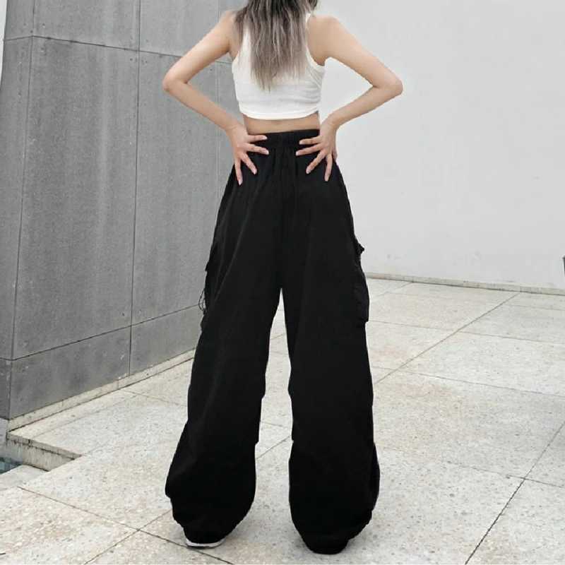 Womens casual pants solid low waisted oversized pockets wide leg pockets womens Y2K streetwear oversized sports pantsT250318