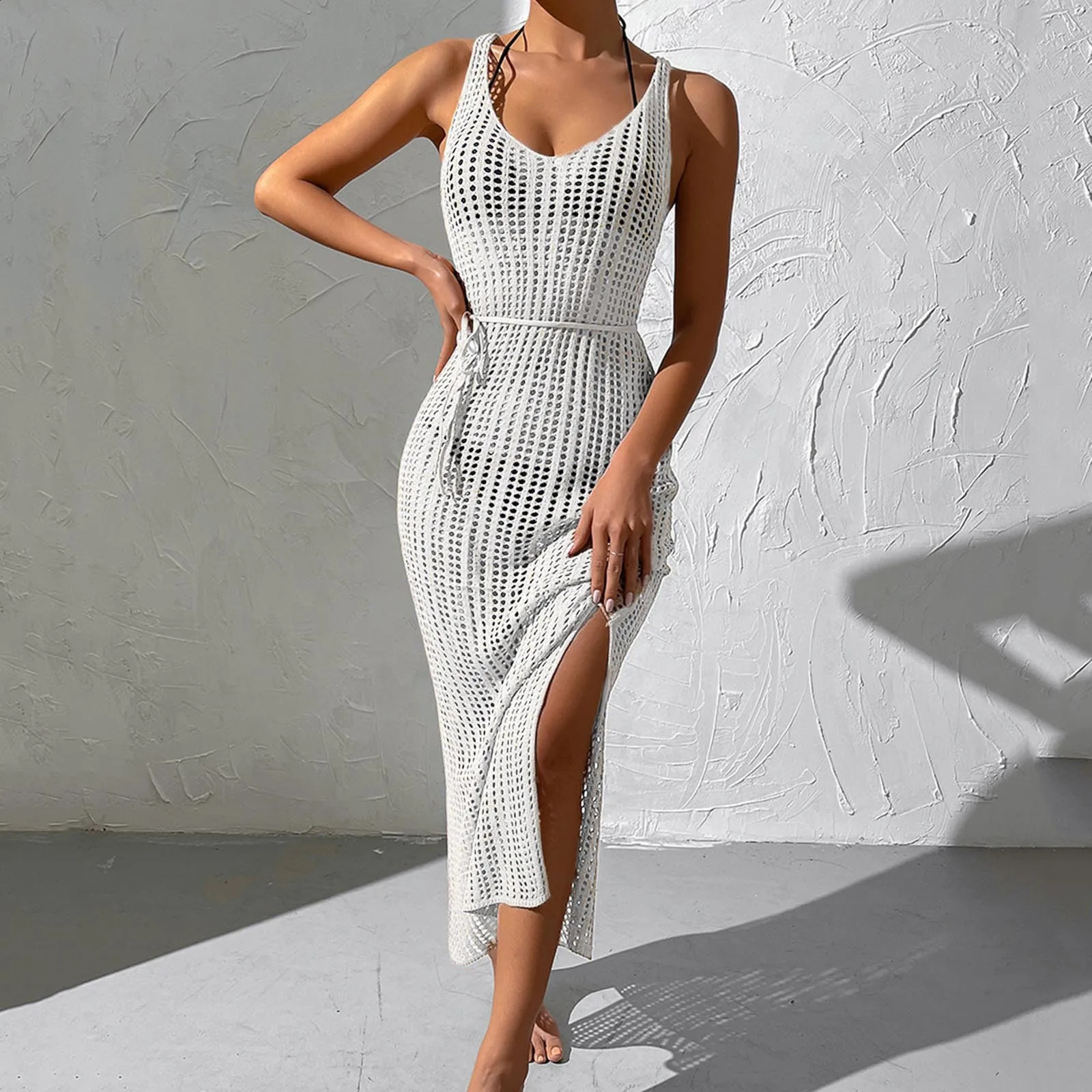 Sexy Sleeveless Knit Dress And Split Skirt Swimwear Pool Beachwear Womens Loose Bathing Suit Hollow Out Cover Ups Saida De Praia 250313