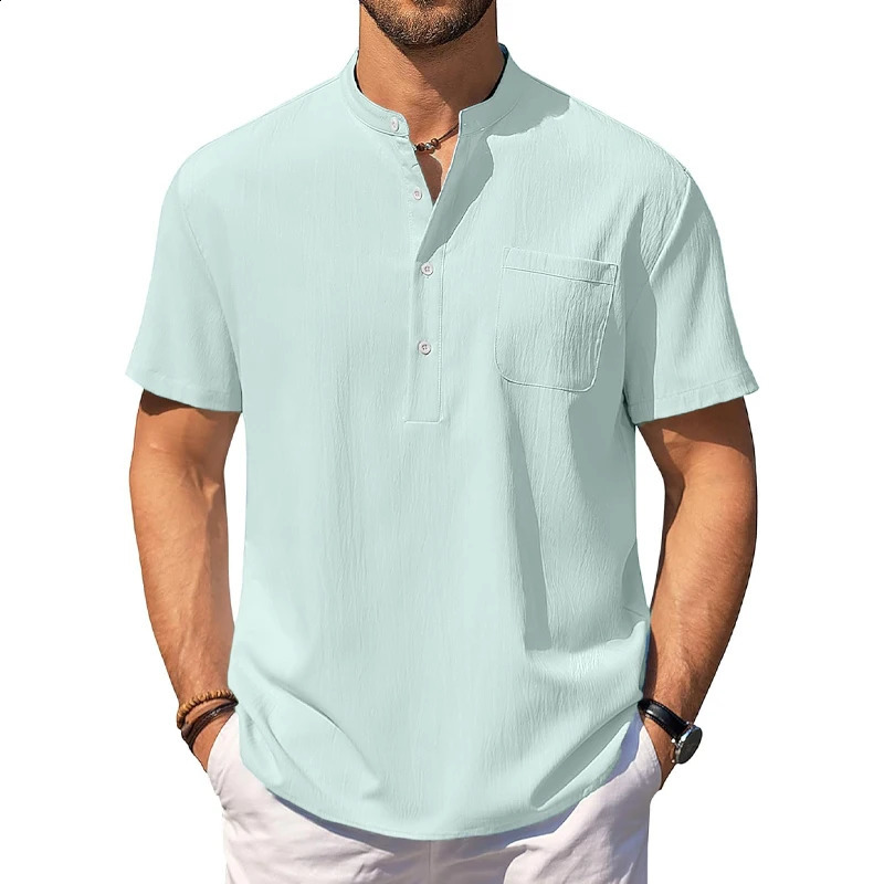 Summer mens short sleeved Henry casual shirt lightweight beach collar pocket Tshirt 250319