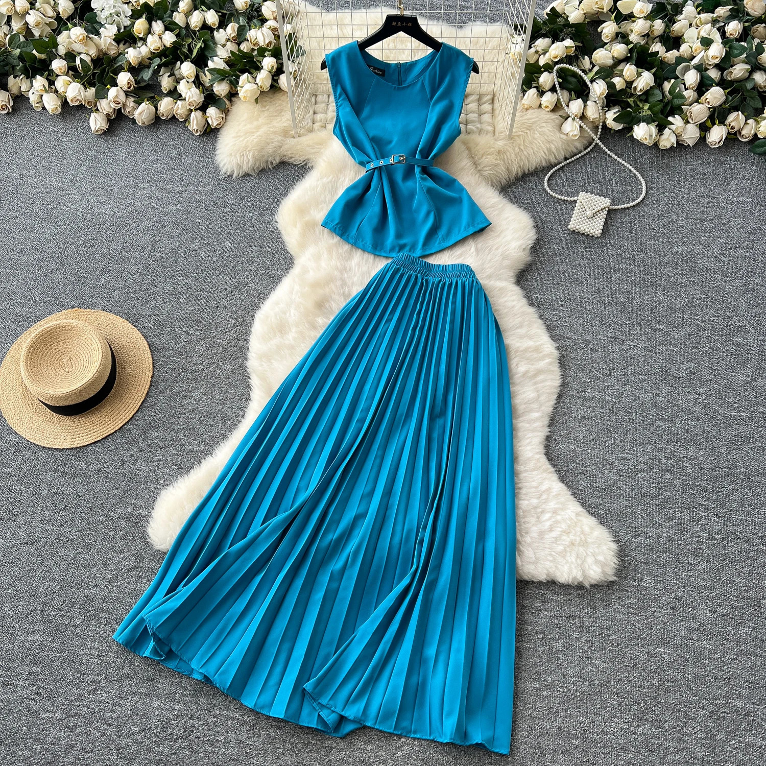 Summer Women White long Skirt Suit Sleeveless Oneck crop top pleated set elegant dress 2 piece skirt 250318