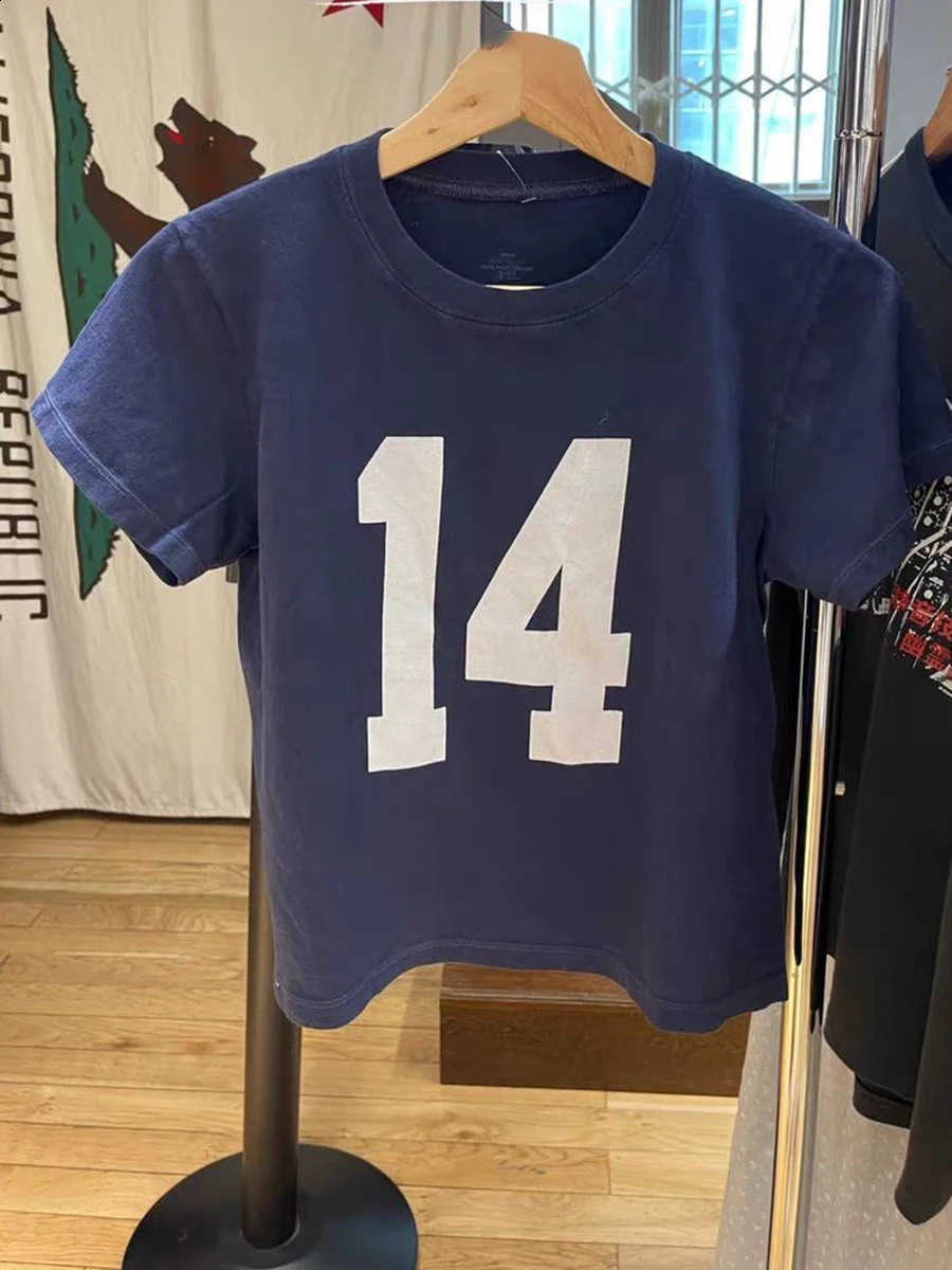 American Vintage 14 Print Navy T-shirts Summer Round Neck Short Sleeve Cotton Cropped Tees Streetwear Casual Basic Pullovers Top 250319