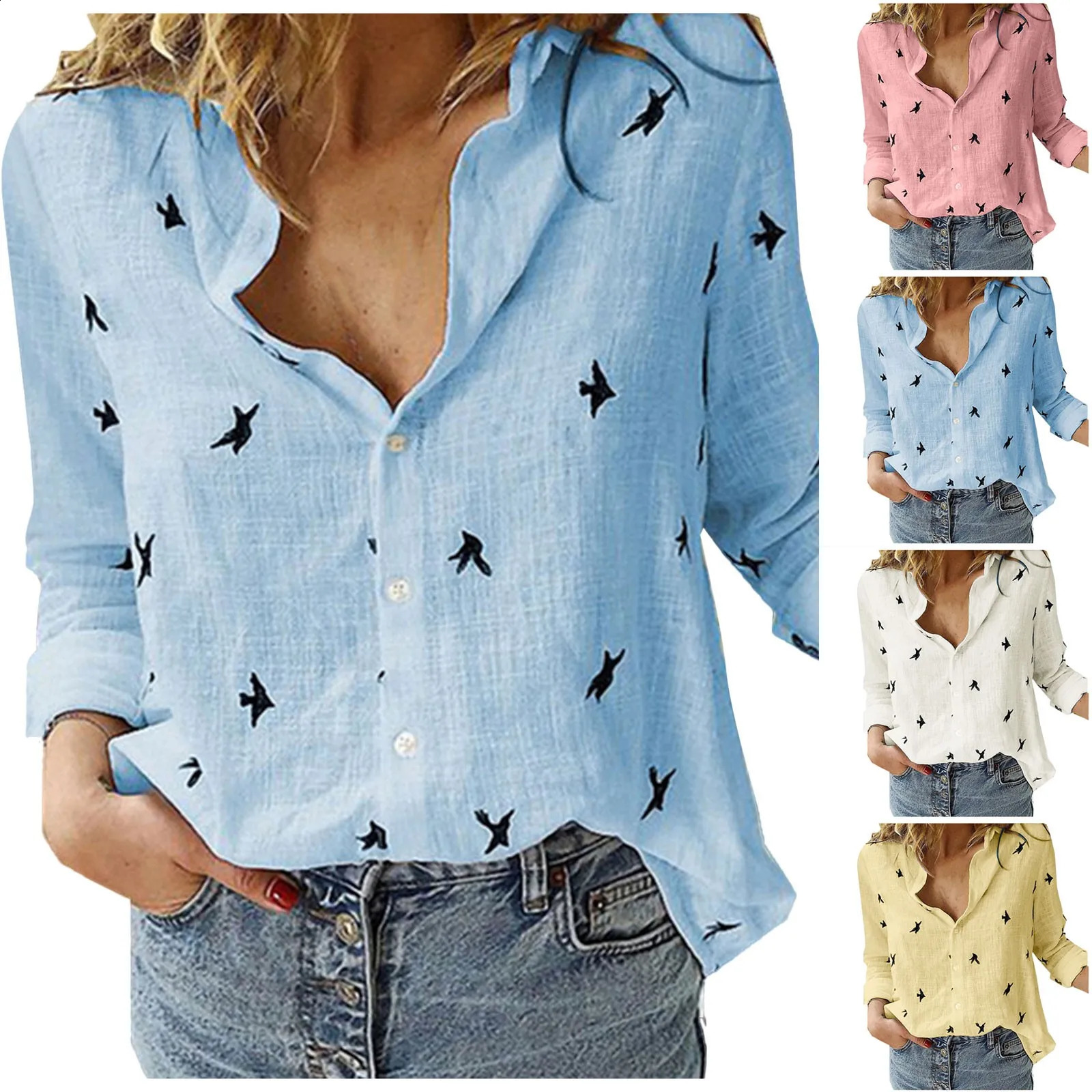 Korean Fashion Blue Pink Collar Shirt Womens Summer Thin Cool Cotton Linen Shirt French Elegant V-neck Long sleeved Shirt Womens 250318