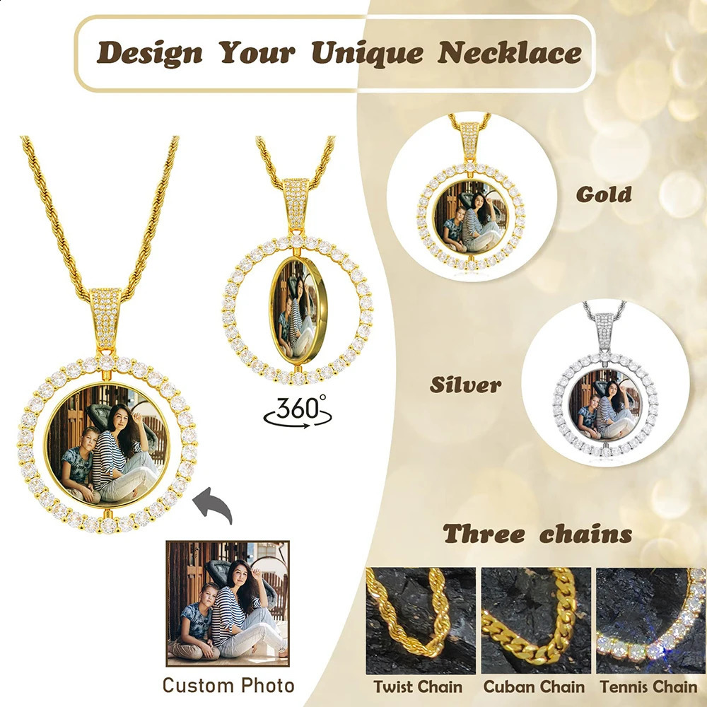 Custom Rotating Double Sides Po Medallions Pendant Necklace Iced out Circle Po Chain Pendant Couple Valentines Day gift 250318