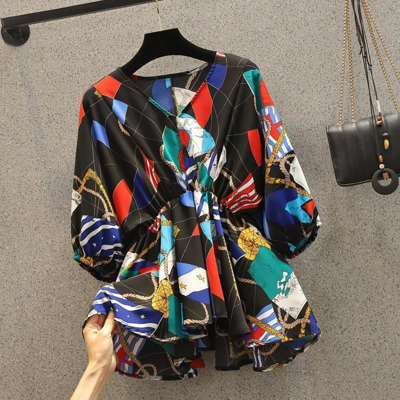 Womens 2025 Spring Pants Set Femel Two Piece Colorful Printed Vneck Bat Sleeve Top Elastic Waist Wide Leg 250319