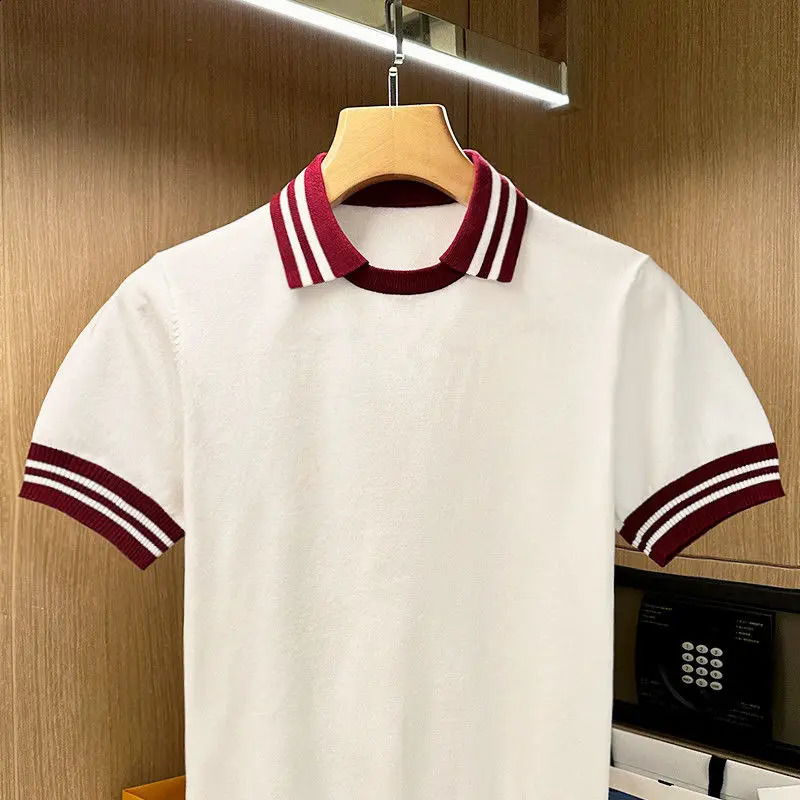 Summer Knitted Mens Polo Shirt Short Sleeve Collar T-shirt Splicing Work Color Fashionable Casual Top Slim Style 250317