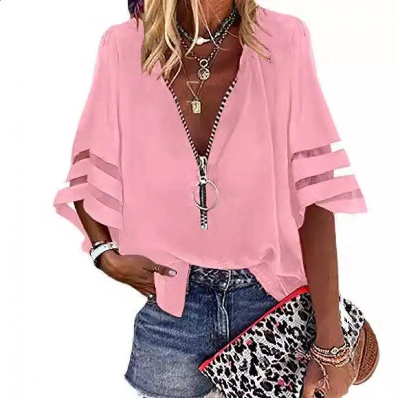 Womens casual loose Vneck half flat sleeve shirt for spring and summer 2025 womens spliced zipper solid 250319