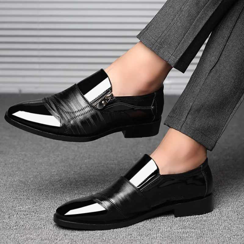 Black patent PU leather shoes sliding mens shoes plus size toe shoes mens elegant business casual shoes wedding shoesXJ250319