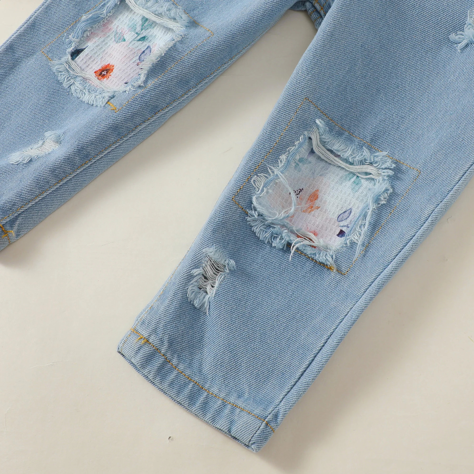 1-4 Years Kids Girls Suit Long Sleeve Flower Ruffle TopsElastic Waist Denim Pants 2pcs Set Toddler Girl Clothes Spring Outfit 250319