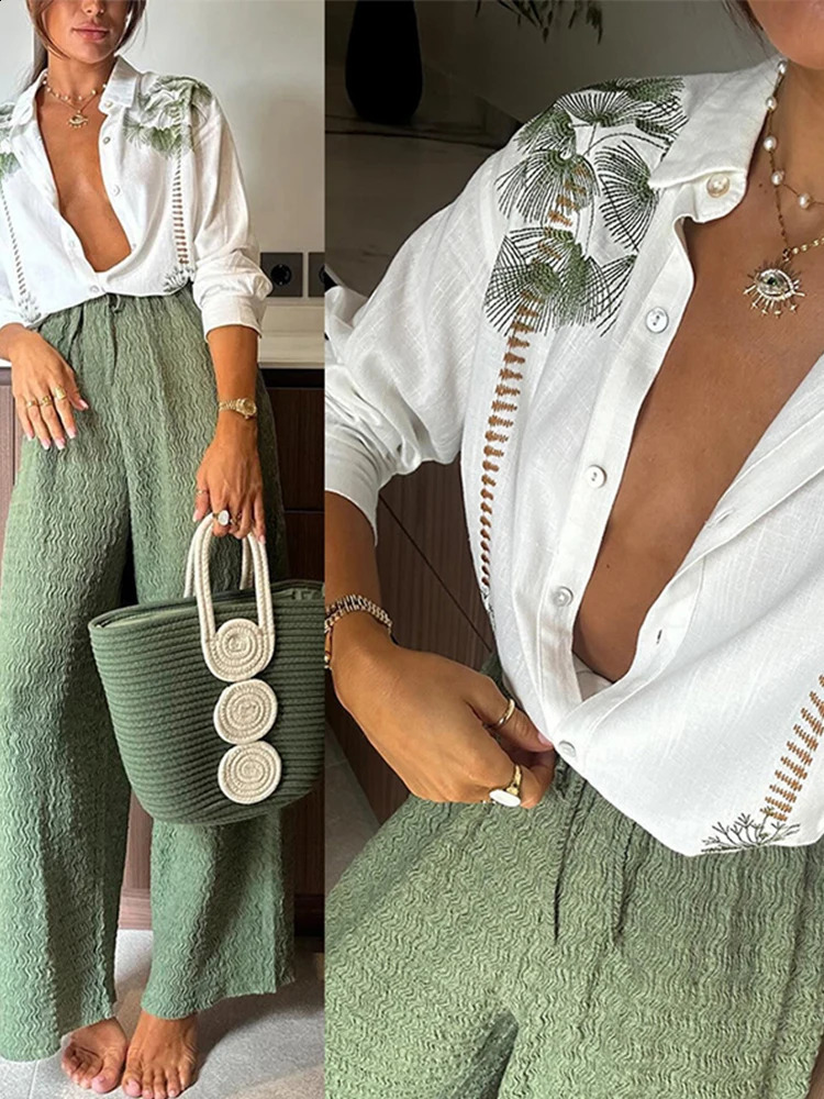Casual Printed Women 2 Pcs Sets Ins Loose Turn-down Collar White Srhirts Fashion Pant Suit Female Clothes Spring Autumn Pant Set 250319