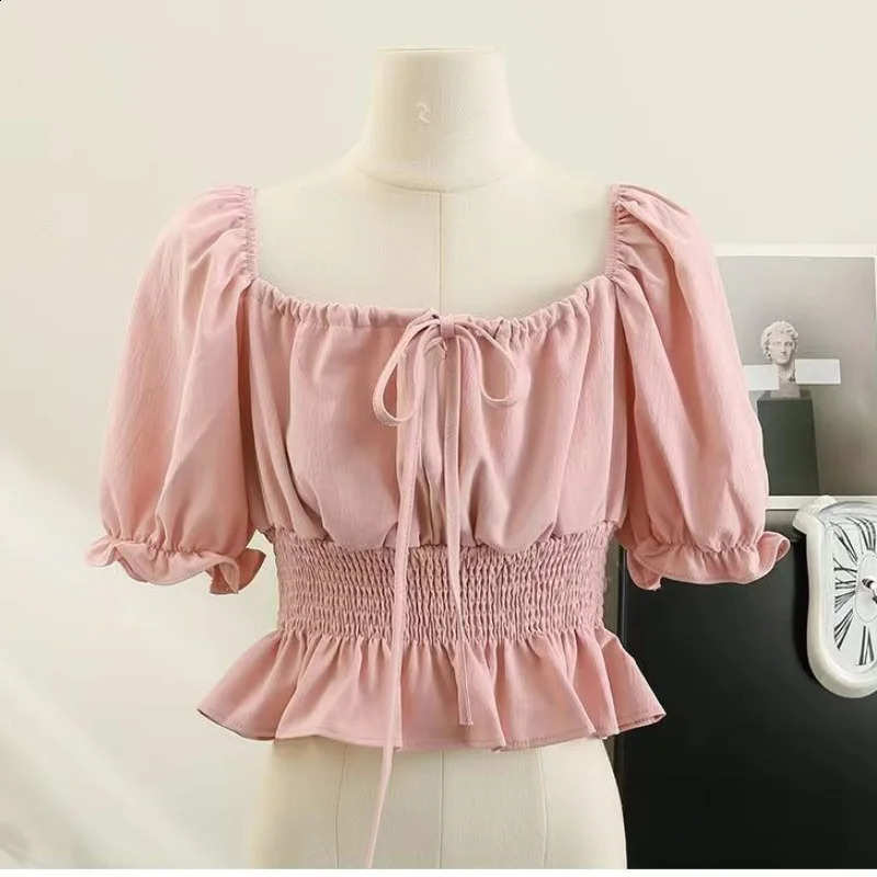 Womens French Style Shirt Ruffled One Line Neck Crop Top Short Sleeves Blouse Elastic Waist Slimming Casual Sweet Elegance 250319