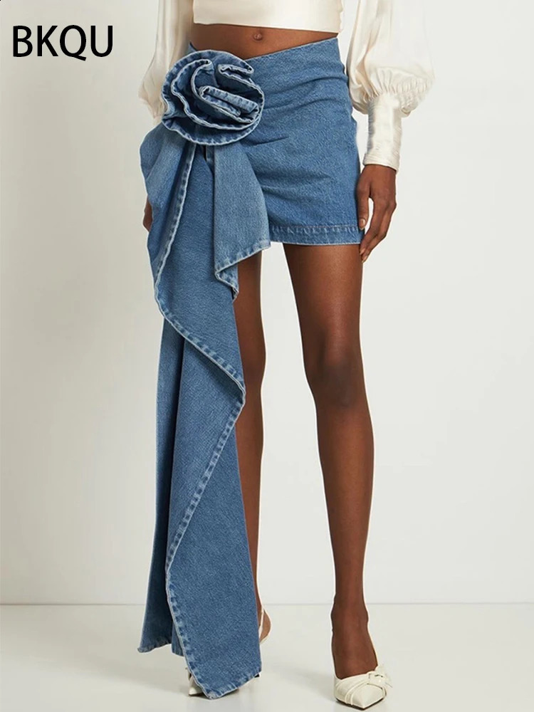 BKQU 2024 Summer Denim Mini Skirts Y2K Aesthetic 3D Flowers High Waist Micro Skirts Skinny Wrap Jeans Penceil Skirt Women 250313