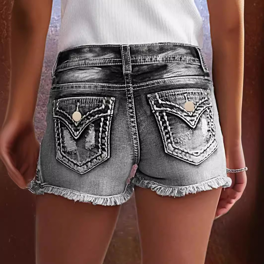 Women's Fashionable Elastic Patch Embroidered Hole Denim Shorts Sexy Hot Pants Women's Shorts
