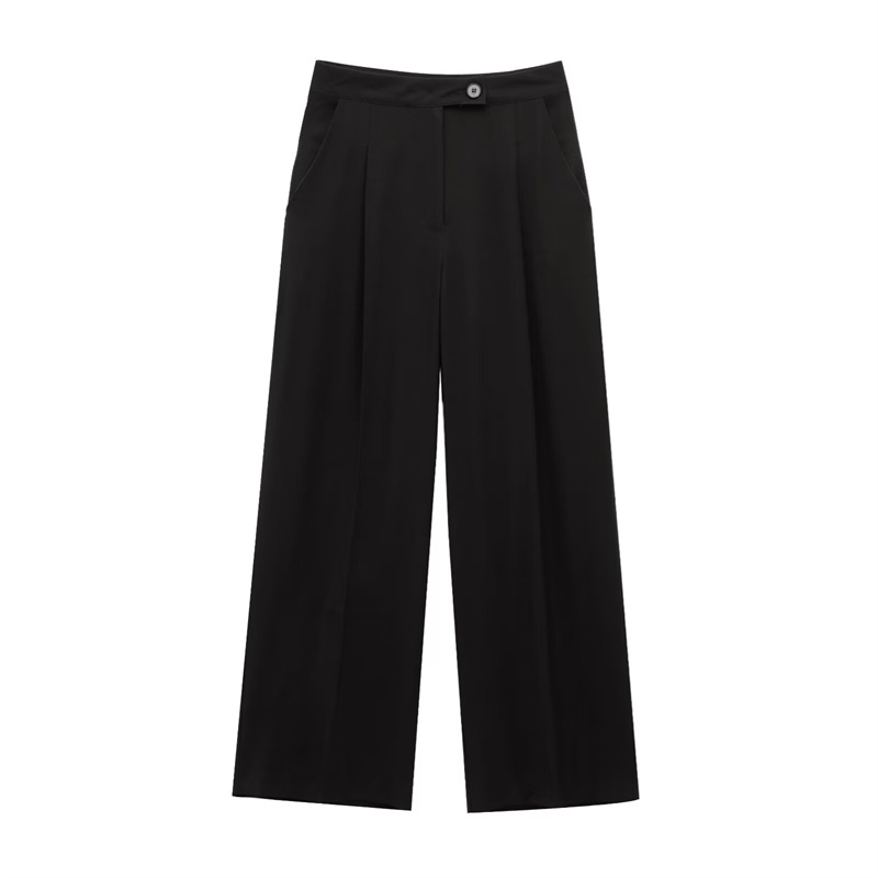 2025 Spring/Summer New Casual Women's Clothing Fashion Simple and Versatile Wide Leg Pants Button Pocket Wrinkle Decoration