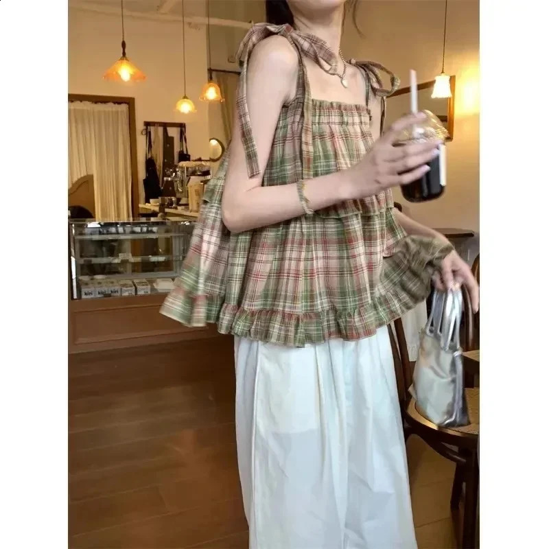 Y2K Women Summer Acubi Japan Vintage Gyaru Tanks Camis Lace Up Green Crop Top Plaid Strap Sleeveless Tank Tops Clothes 250319