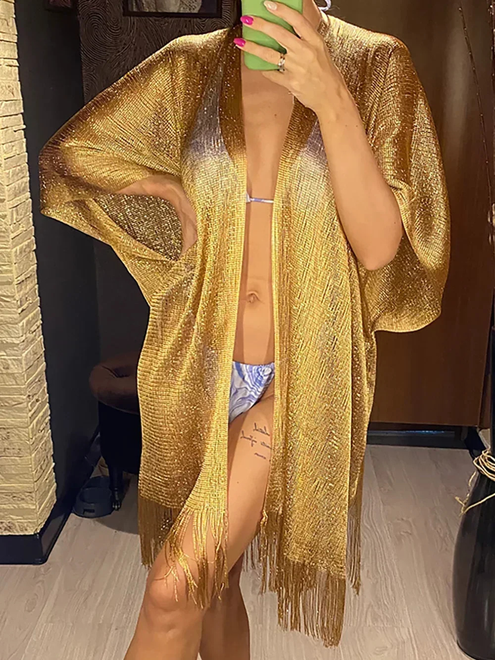 Sexy Fringe Women Tassel Mesh Sheer Shiny Knitted Tunic Beach Cover Up Cover-ups Beach Dress Beach Wear Beachwear Female 250319