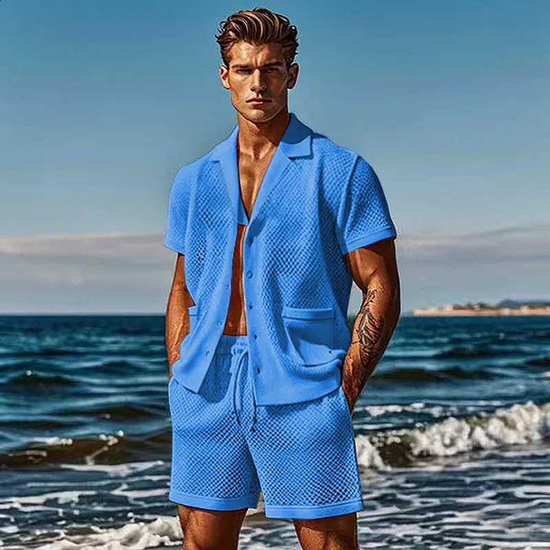 Mesh Breathable Ice Cool Summer Leisure Set Thin Solid Color Mens Short Sleeve Two Piece Set 250314