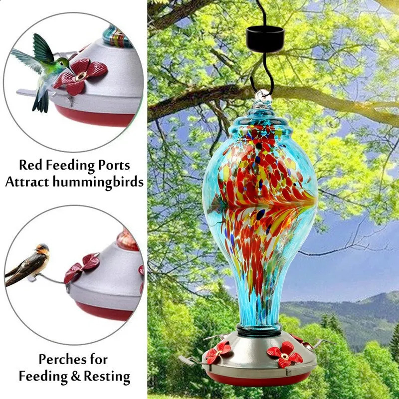 Colorful hummingbird food feeder hand blown glass drinking water bowl for garden and courtyard decoration 250318