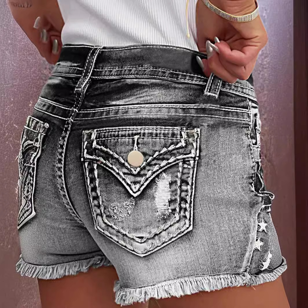 Women's Fashionable Elastic Patch Embroidered Hole Denim Shorts Sexy Hot Pants Women's Shorts