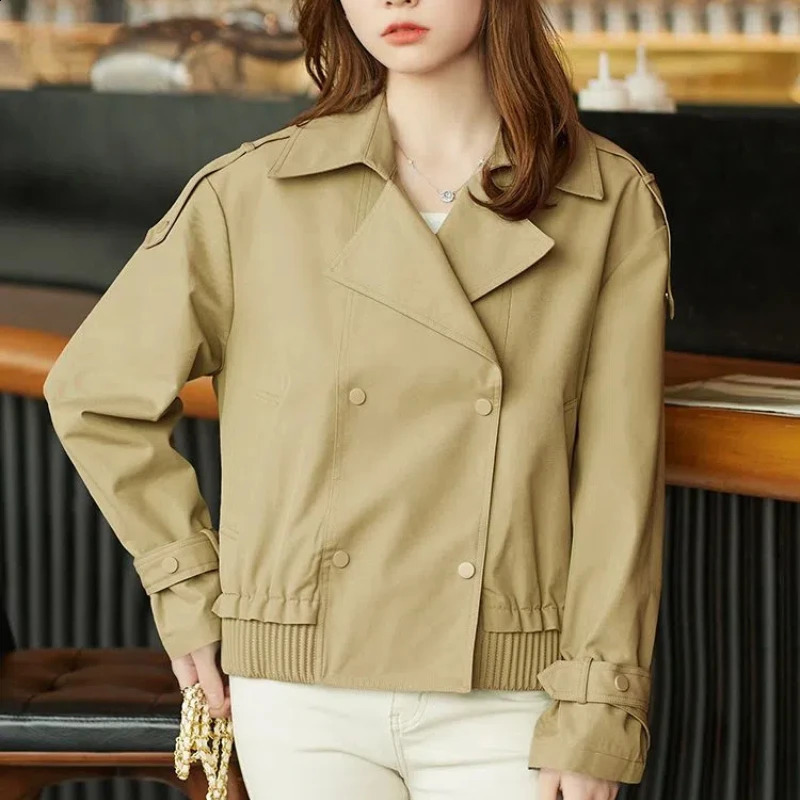 Womens Spring and Autumn Patch Set Collar Button Pocket Casual Fashion Solid Color Loose Short Break Windbreaker Jacket 250317