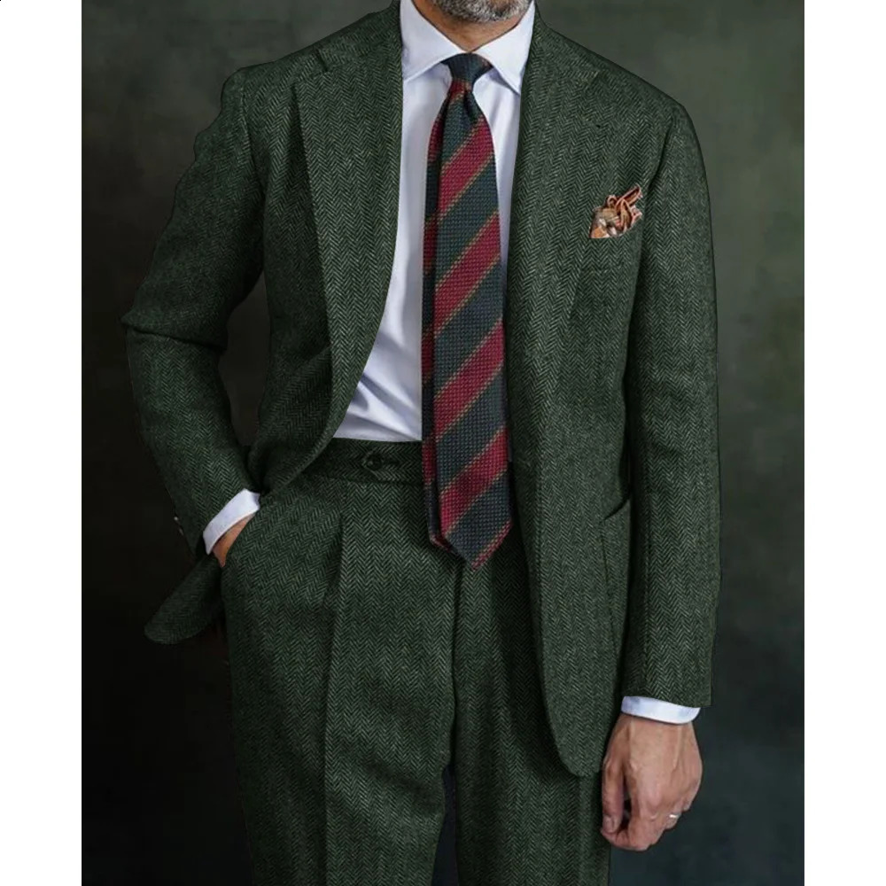 Mens Herringbone Suit Two Piece Elegant Pants Set Casual Clothing Halloween Party 250311