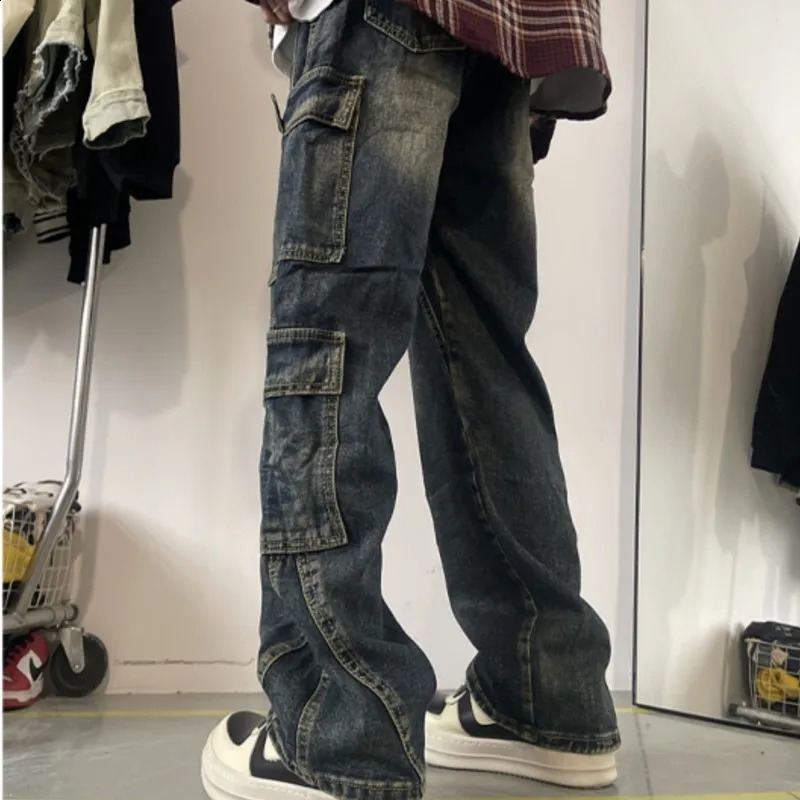 Mens patch work blue cargo jeans unisex straight casual mens multi pocket hip-hop streetwear 90s retro fashion pants 250317