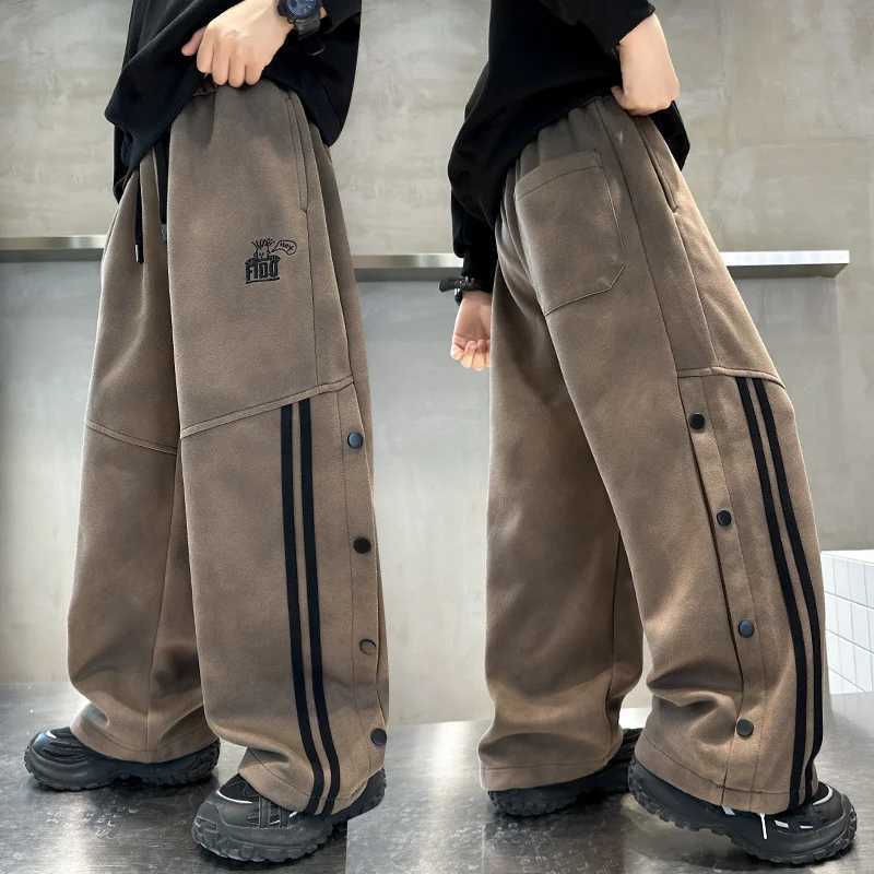 Shcool boys cool pants with stripes fashionable brown gray sports pants autumn and winter for children Trousers for teenagers 5 6 7 8 9 10 11 14T25031