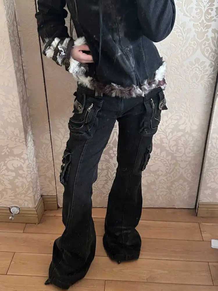 Women Gyaru Japanese Cyber Punk Bell-Bottom Harajuku Y2K Dark Academia Jeans Low Rise Flare Denim Pants Goblin Core HalloweenT250319