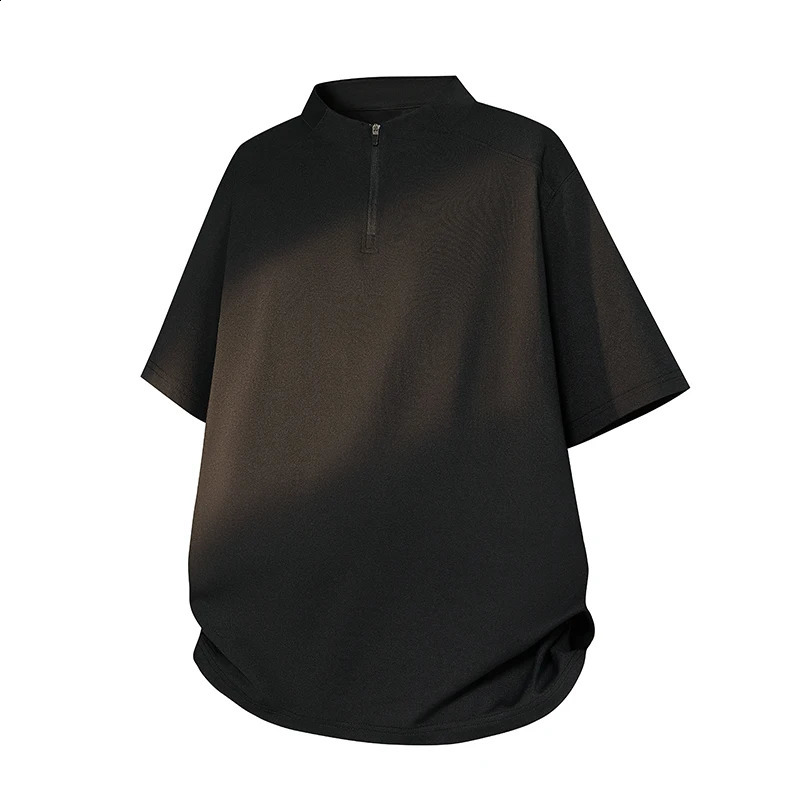 Mens Short sleeved Tshirt Summer Top 2025 Korean Fashion Stand up Collar Half Zipper Solid Knitted Sleeve 250319