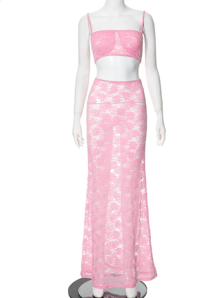 Articat Sexy Lace Tight Two Piece Set For Womens Summer Solid Color Lace Top High Waist Perspective Long Dress Set 250319