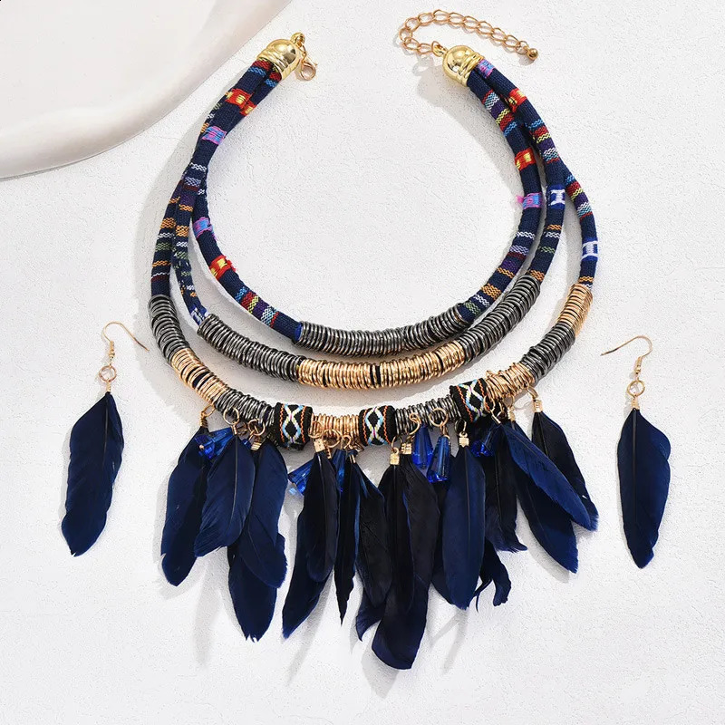 Fashionable retro ethnic feather necklace earring set womens multilayer Neclace jewelry 250313