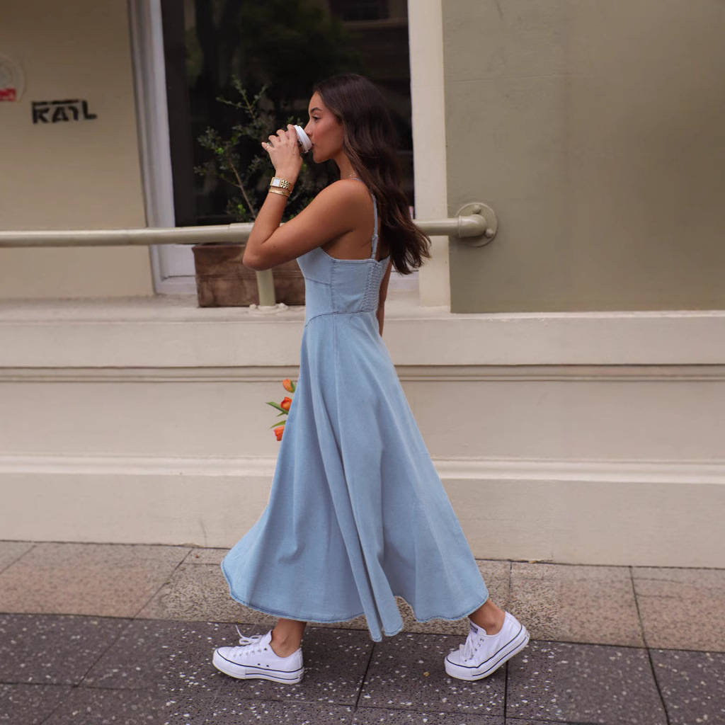 Wind 2025 Summer Women's New Product: Sleeveless Strap, Skinny Imitation Cowboy Dress