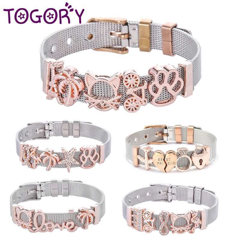High Quality Stainless Steel Mesh Bracelet With Crystal Cartoon Dog Claw Charms Fine Bracelets Set For Women Kids Gift