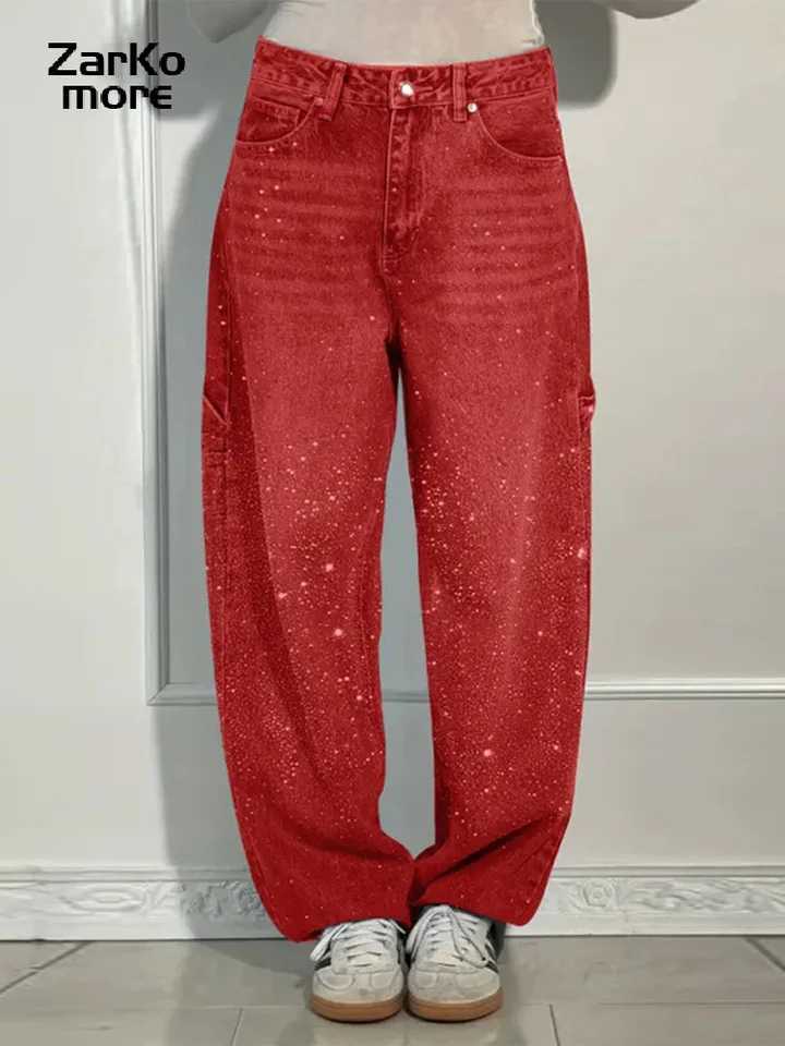 Vintage Rhinestone bagged womens jeans womens blue waist straight wide leg pocket denim jeans 2025 spring high street Y2K jacketT250319