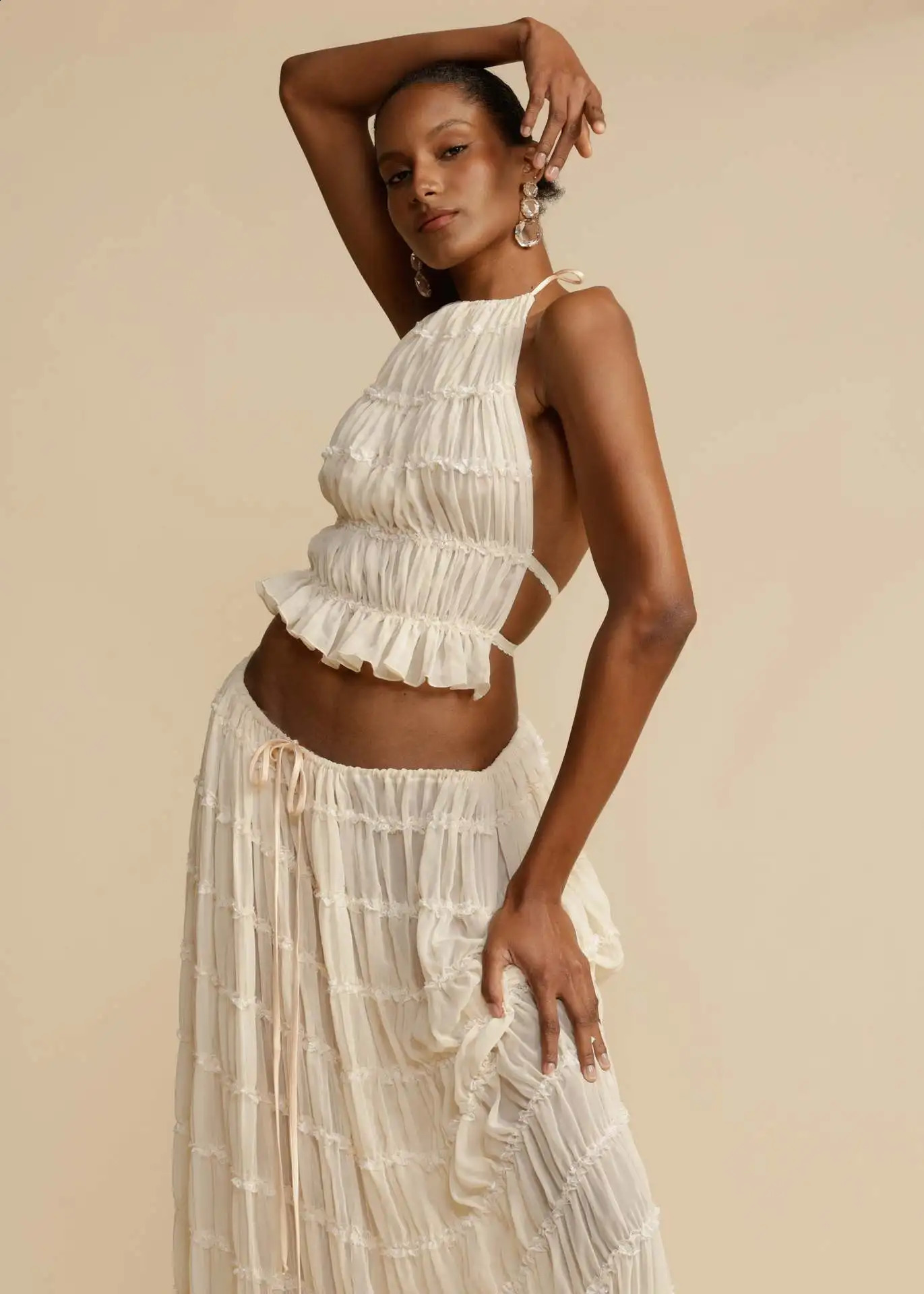 Fashion Halter Neck Long Skirt Suit Women Backless Sling Top Lace Up Fold Maxi Skirts Summer Female 2 Piece Set Outfits 250318