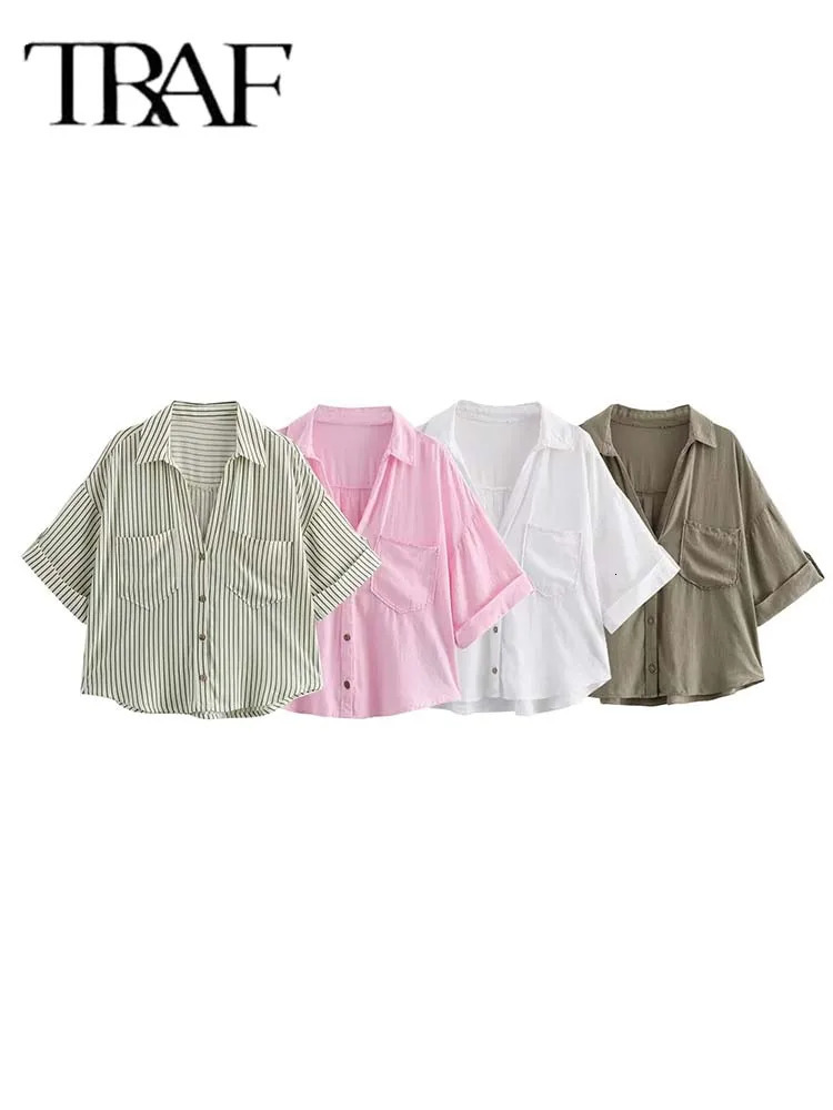 TRAF womens shirt linen blend womens short sleeved casual button up shirt womens top 250318