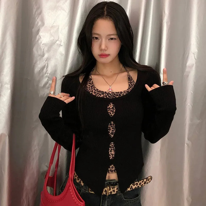 Tonngirls Sexy Skinny Two Pieces Tops Women Leopard Tank Tops Black Tops Hollow Out Y2k Vintage Tops American Retro 90s Tshirt 250319