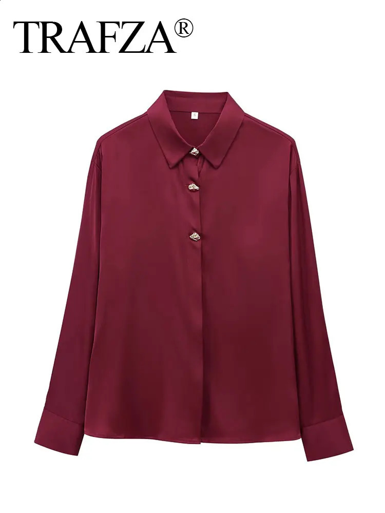 TRAFZA Womens 2025 Spring Elegant Silk Satin Wine Red Shirt Long Sleeve Solid Collar Metal Chest Office Fashion 250319