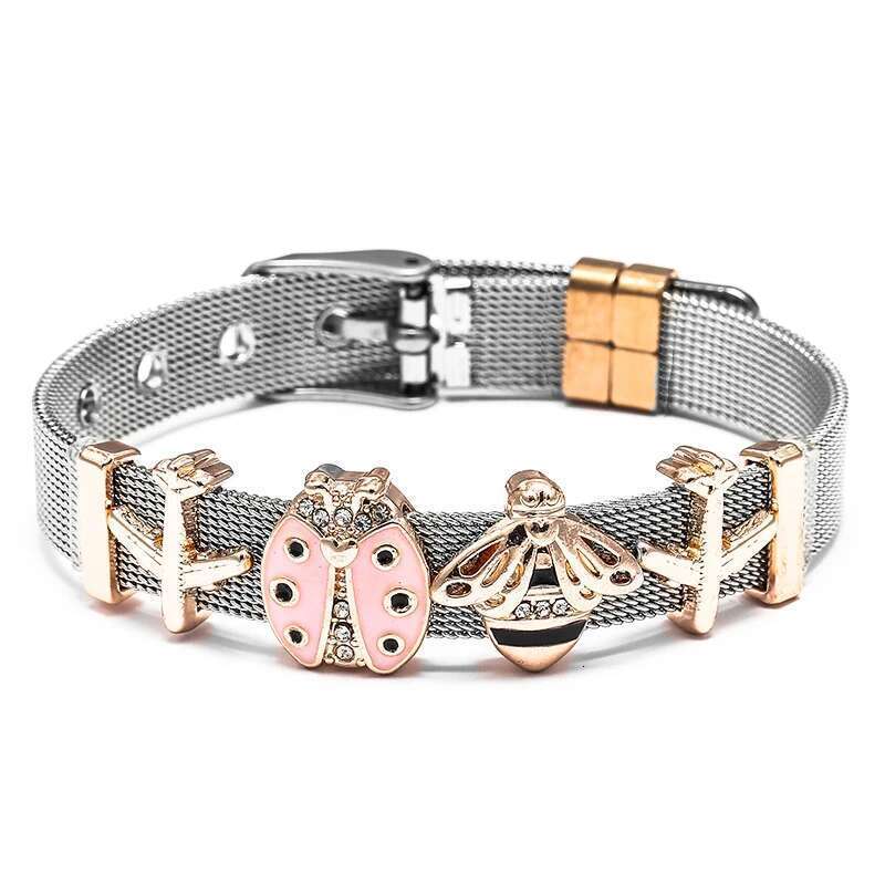 High Quality 10mm Stainless Steel Mesh Bracelets With Bees Beads Charm Keeper Bracelets Bangles For Women Fashion Jewelry Gift