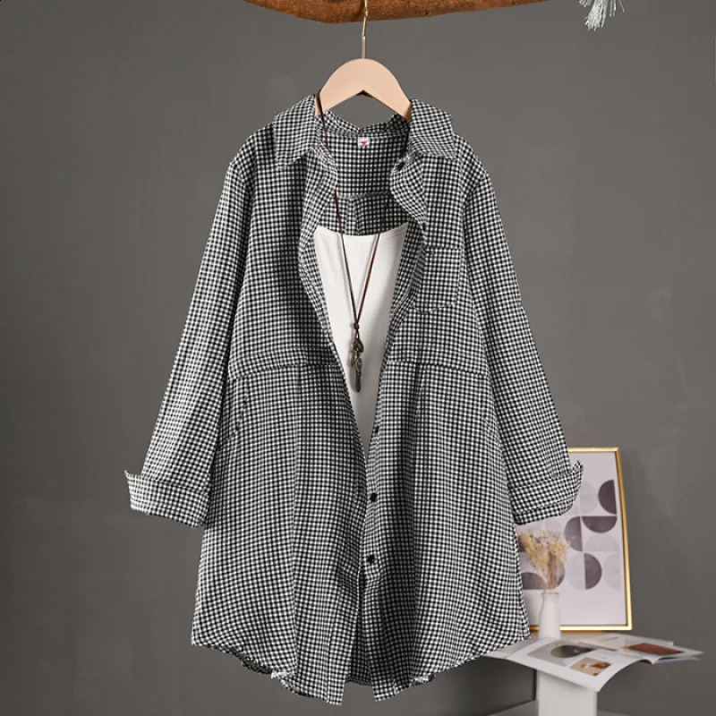 Fashionable and elegant womens shirt with grid pattern weight loss effect perfect for spring summer 250319