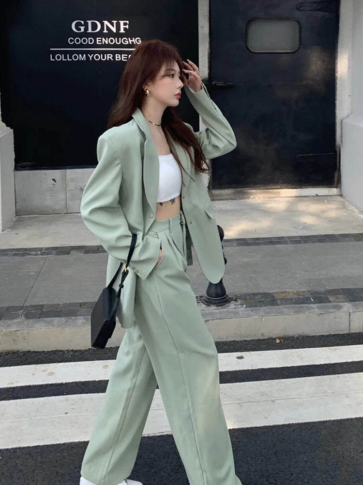 professional twopiece womens fashion Korean loose long sleeved jackethigh waist wide leg pants set for office ladies 250319