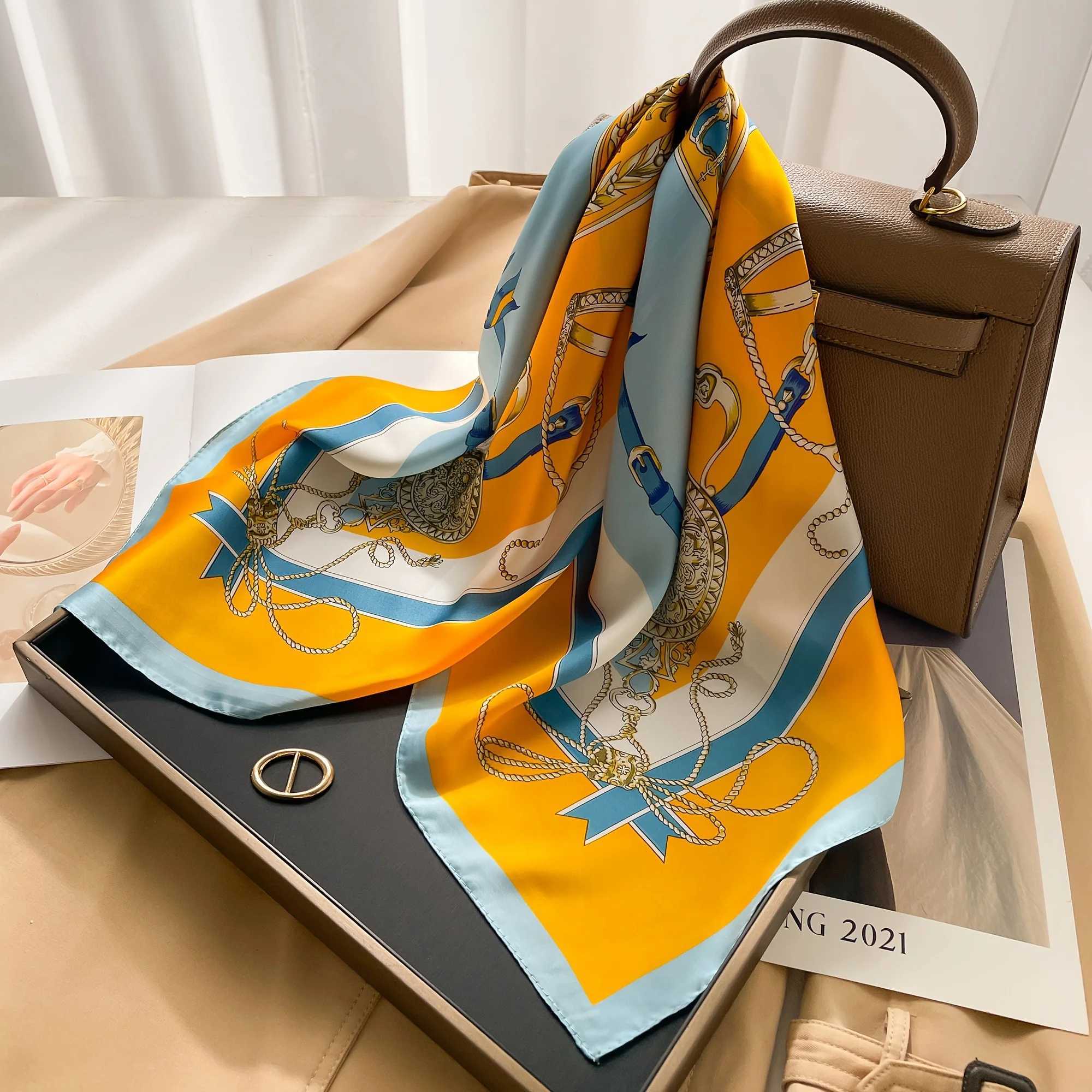 Elegant satin square scarf orange and blue altar print imitating silk scarf breathable and windproof fashionable accessory X250319