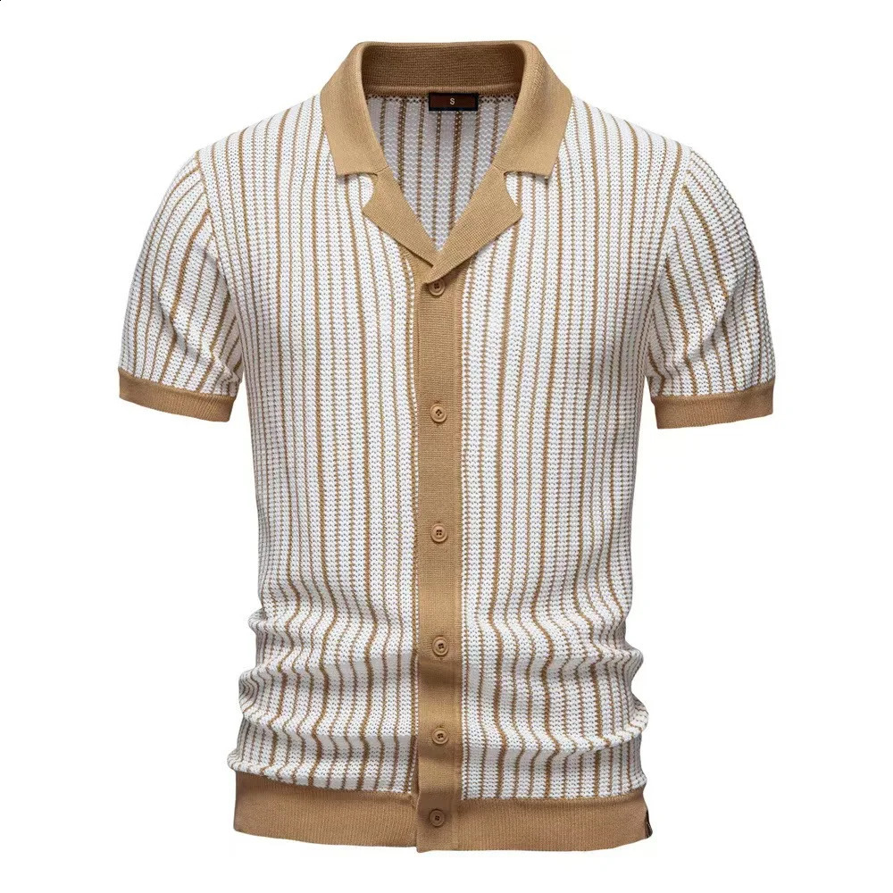 Summer Ice Silk Mens Hollow Polo Shirt Breathable Soft Knitted Shirt Triple Top Short Sleeve Fashion Contrast Color Mens Shirt 250317