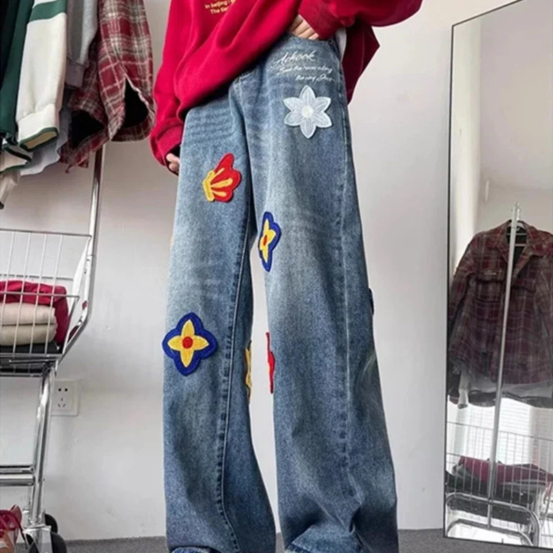 Autumn Y2K vintage floral embroidered jeans for men hiphop fashion bagged denim pants women streetwear blue straight 250319
